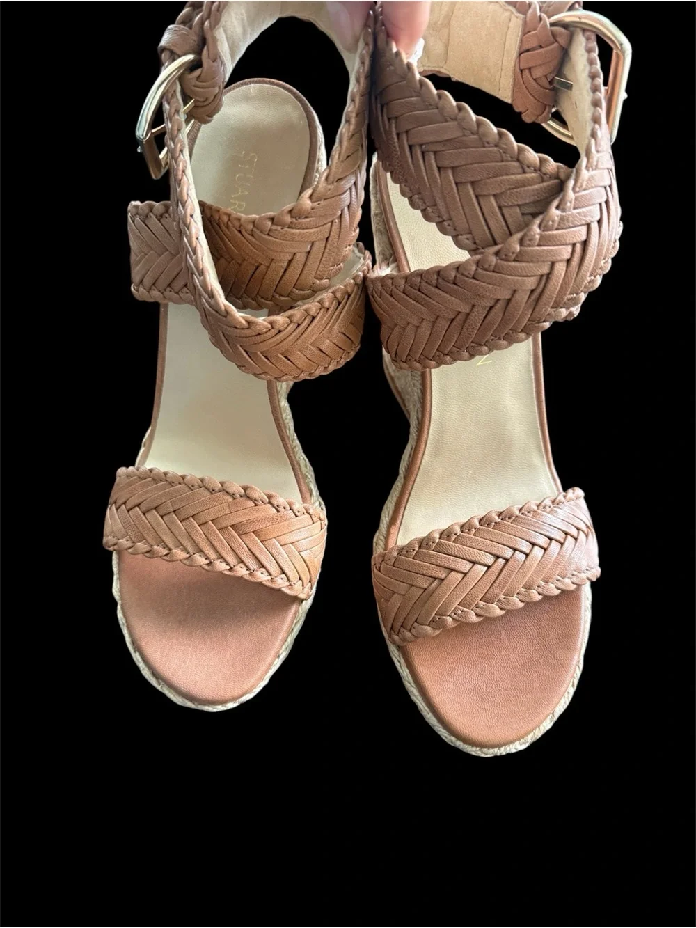 Women Stuart Weitzman Brown Woven Leather Espadrille Wedge Ankle Strap Sandals - Picture 3 of 9